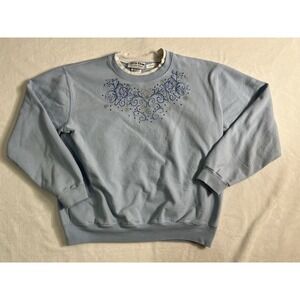 Country Store Pullover Sweatshirt Light Blue Rhinestone Embellished Women's L